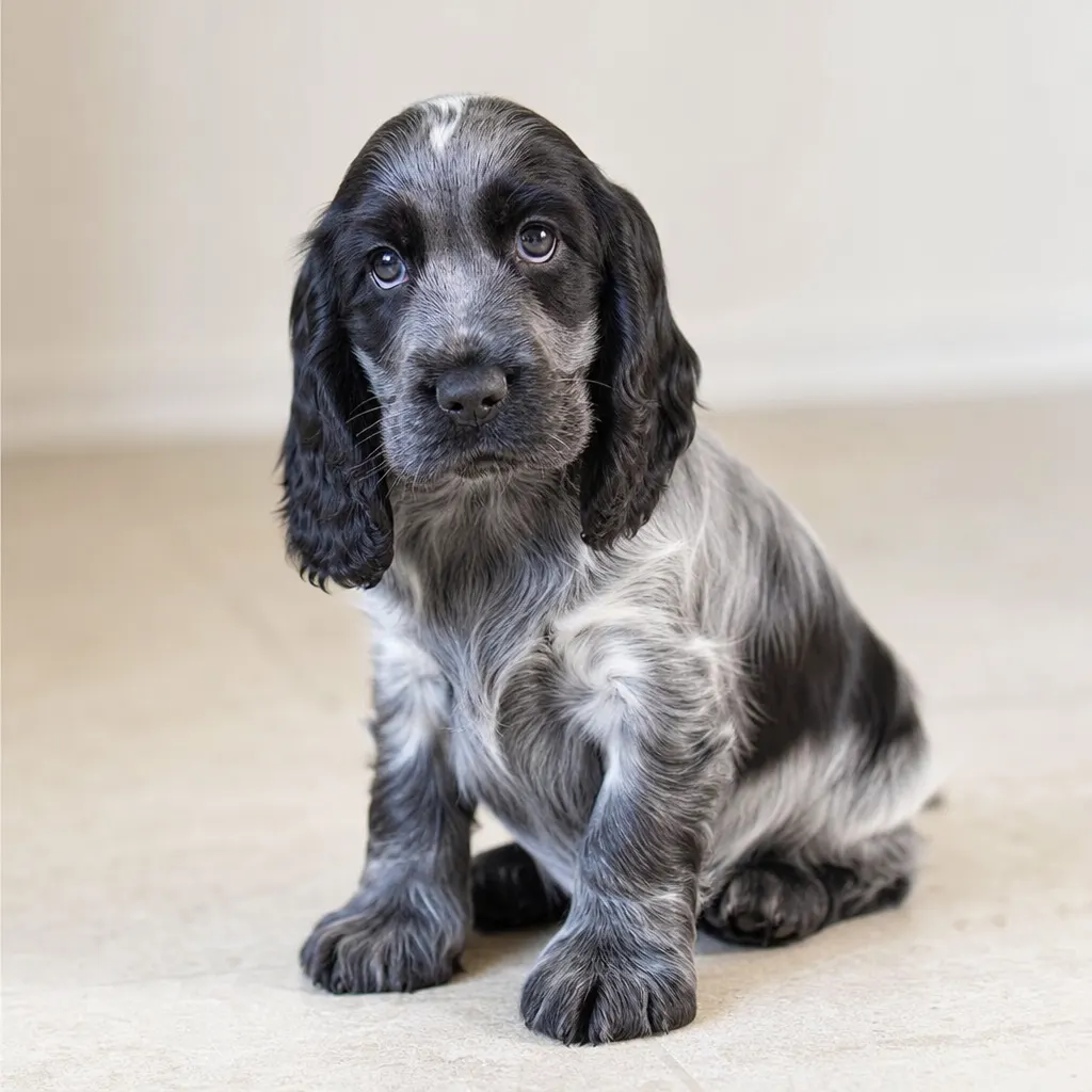 Chiot cocker spaniel anglais bleu rouan assis, grandes oreilles frangées naissantes et regard curieux.