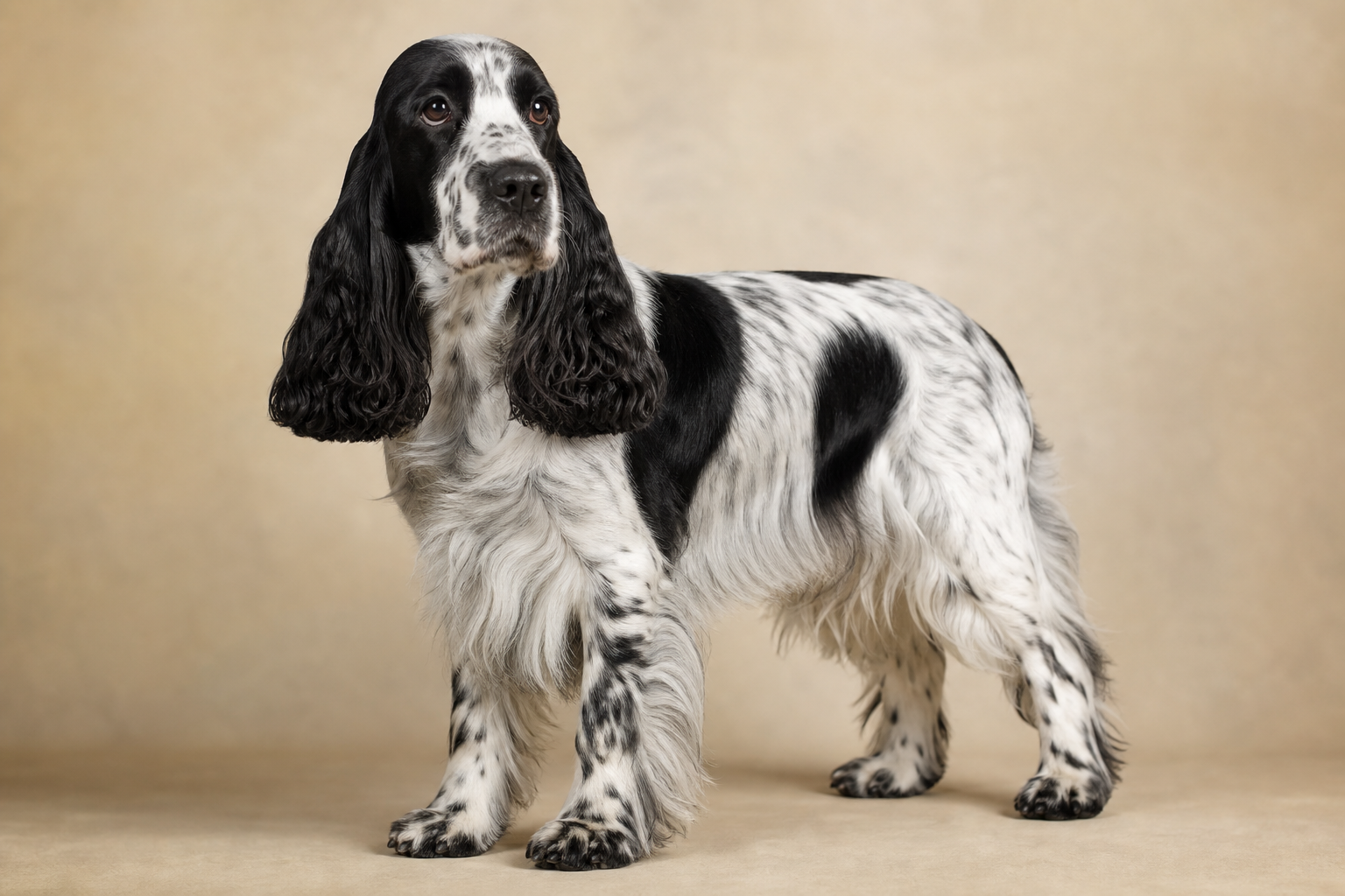 Cocker anglais à la robe noir et blanc.