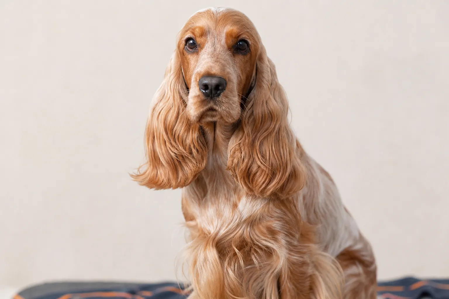 Cocker spaniel anglais adulte en pleine santé, assis, œil clair et vif, oreilles longues et bien entretenues.